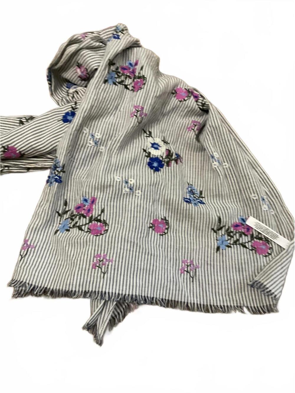Talbots Striped Floral Embroidered Scarf 70” x30”